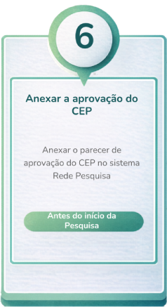 6° Passo – Anexar parecer consubstanciado do CEP no Rede Pesquisa (Prazo: Após a aprovação do CEP e antes de iniciar a coleta de dados)