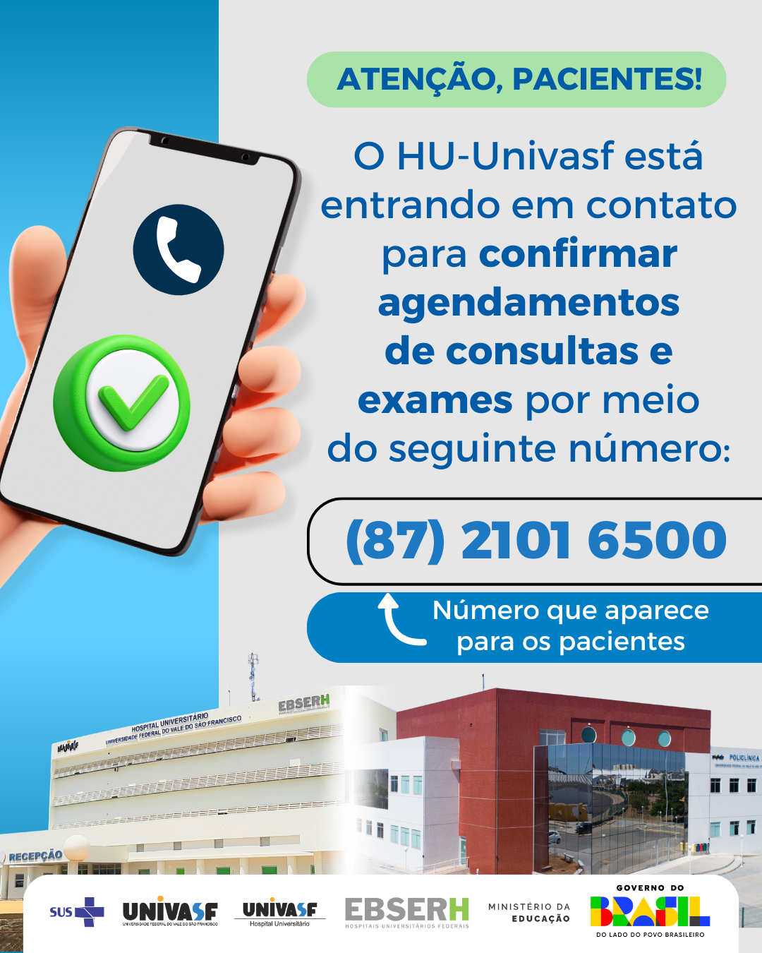 Contatos oficiais - Agendamento de consultas e cirurgias no HU-Univasf
