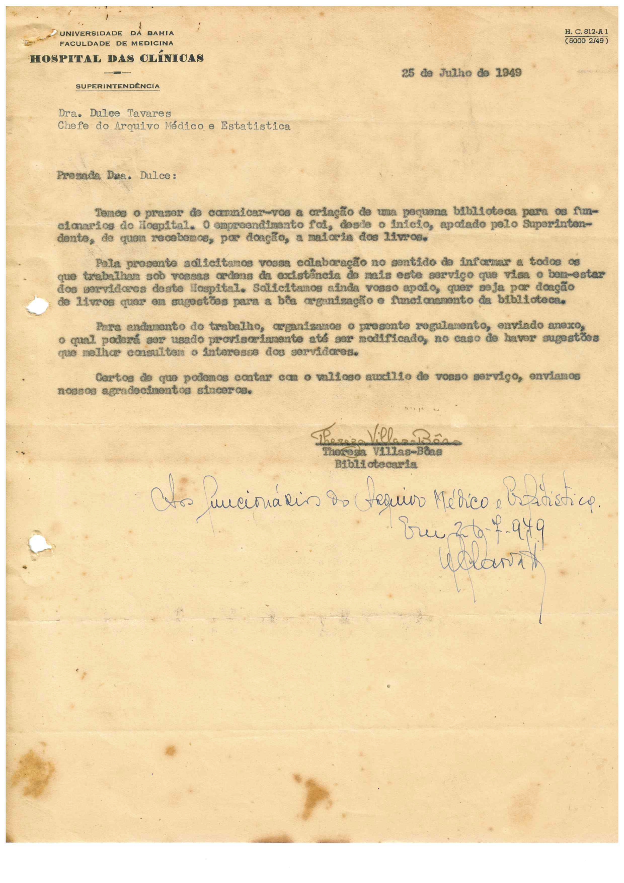 Criação da Biblioteca do Hospital das Clinicas em 1949