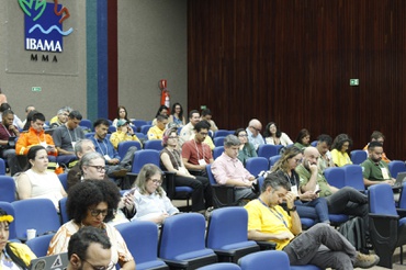Auditório com fileiras de cadeiras azuis ocupadas por participantes do 2º Sinafogo. Algumas pessoas usam crachás e uniformes em tons de amarelo ou laranja, enquanto outras acompanham a atividade com celulares, notebooks ou materiais nas mãos. Na parede lateral, aparece a marca do Ibama com a sigla MMA abaixo. 