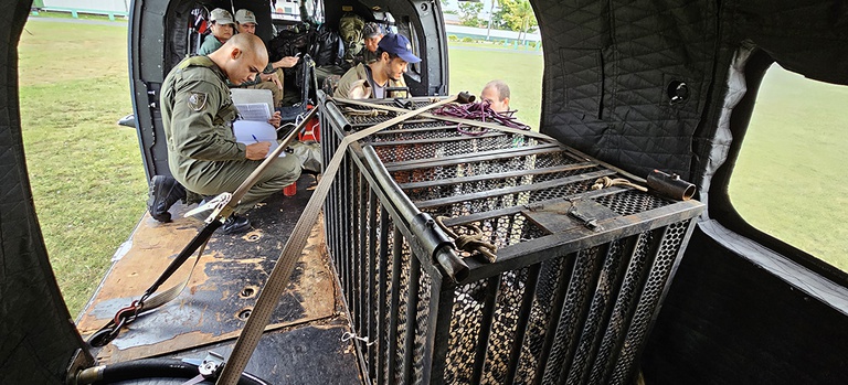 No interior de um helicóptero, está a gaiola de transporte com a onça-pintada dentro, em primeiro plano. A gaiola possui grandes e alambrado pretos e está amarrada para a segurança do animal. Ao fundo, está a equipe da força-tarefa que levará o felino para ser devolvido à natureza em um corredor de biodiversidade na Serra do Amolar, no Pantanal, em Mato Grosso do Sul. Um homem, munido de uma caneta, faz anotações em um papel branco.