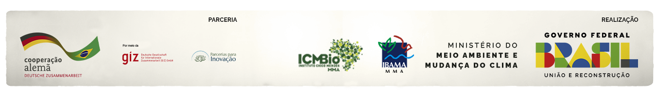 Rodapé de logomarcas da direita para a esquerda Realização Governo Federal Brasil - União e Reconstrução, Ministério do Meio Ambiente, Ibama, ICMBio. Da esquerda para direita as marcas das parcerias Cooperação alemã - Deutsche Zusammmenarbeit, Por meio da giz - Deutsche Gesellschaft für Internationale Zusammenarbeit (GIZ) GmbH e Parcerias para Inovação. 