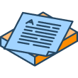 Ícone de documentos com folha em edição (lápis e linhas de texto)