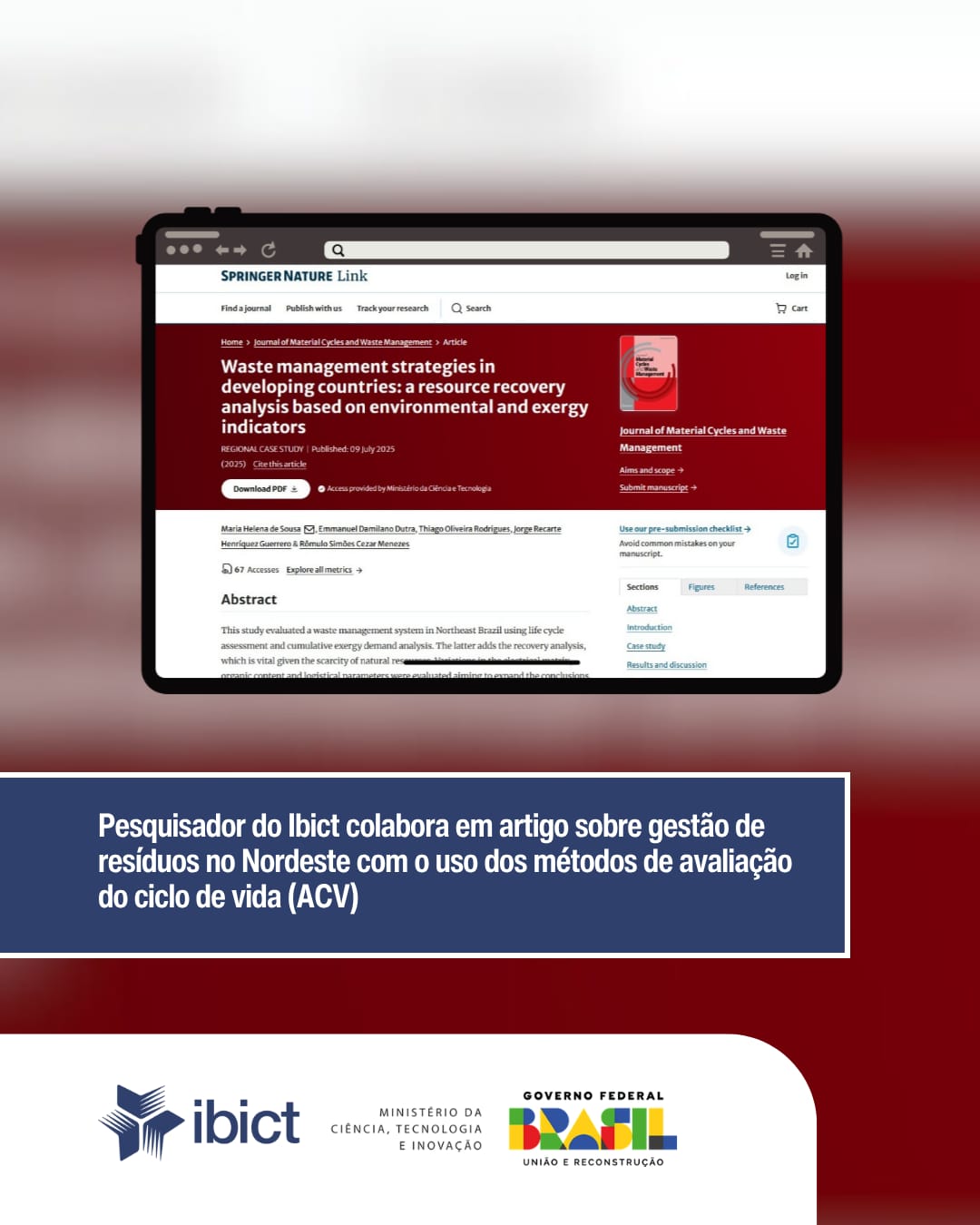 IMG- Pesquisador do Ibict colabora em artigo sobre gestão de resíduos no Nordeste com o uso dos métodos de avaliação do ciclo de vida (ACV)