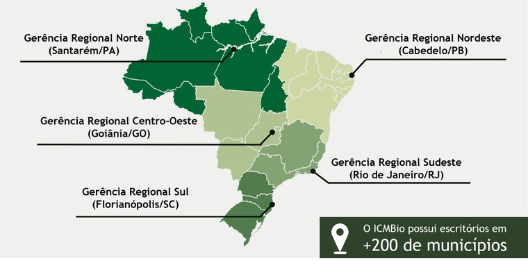 Localização das 5 Gerências Regionais (GRs) do ICMBio.