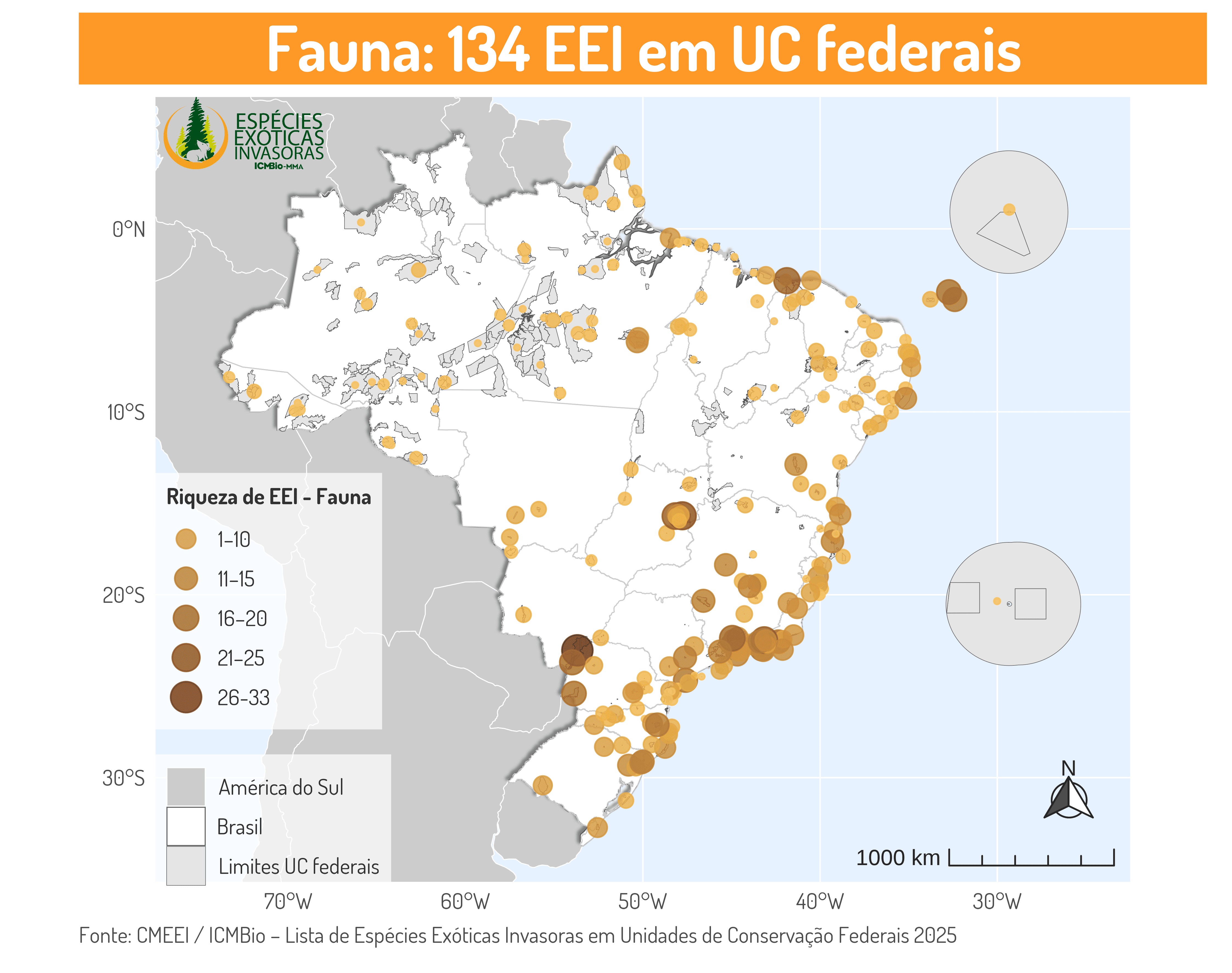 mapa de distribuição de fauna invasora nas UC federais
