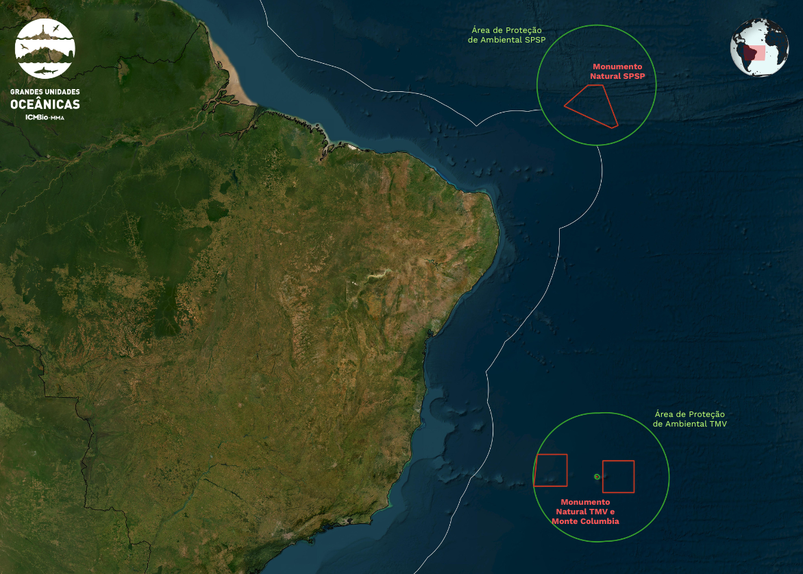 Em destaque, os dois círculos e polígonos próximos, que demarcam as Grandes Unidades Oceânicas, nos Arquipélagos de São Pedro e São Paulo e de Trindade e Martim Vaz.