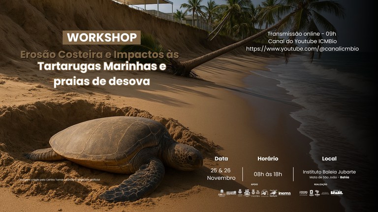 Banner de Divulgação - Workshop Erosão Costeira e Impactos às Tartarugas Marinhas e praias de desova.