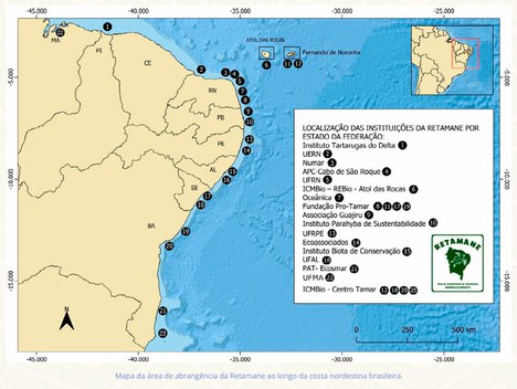 Mapa da área de abrangência da Retamane ao longo da costa nordestina brasileira.