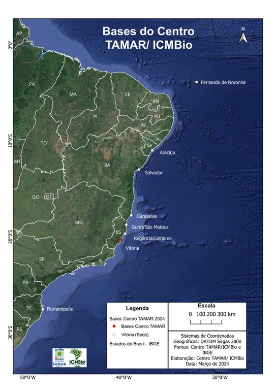 Mapa das Bases Avançadas e Sede do Centro TAMAR/ICMBio.