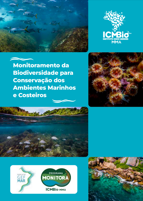 Capa azul e 3 fotos da biodiversidade marinha