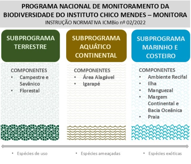 Slide  com identificação do Programa Monitora,, dividido em 3 colunas que são Subprograma Monitora, Subprograma Aquático Continental e Subprograma Marinho e Costeiro.