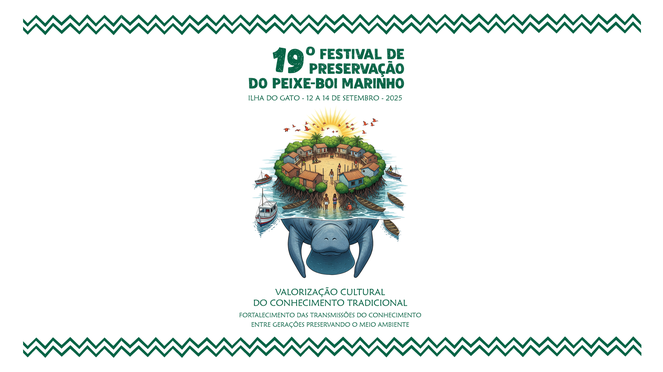 Principais elementos da sociobiodiversidade da comunidade Ilha do Gato ilustrados na arte do 19° festival de preservação do peixe-boi marinho. Designer: Samuel Gomes / ICMBio