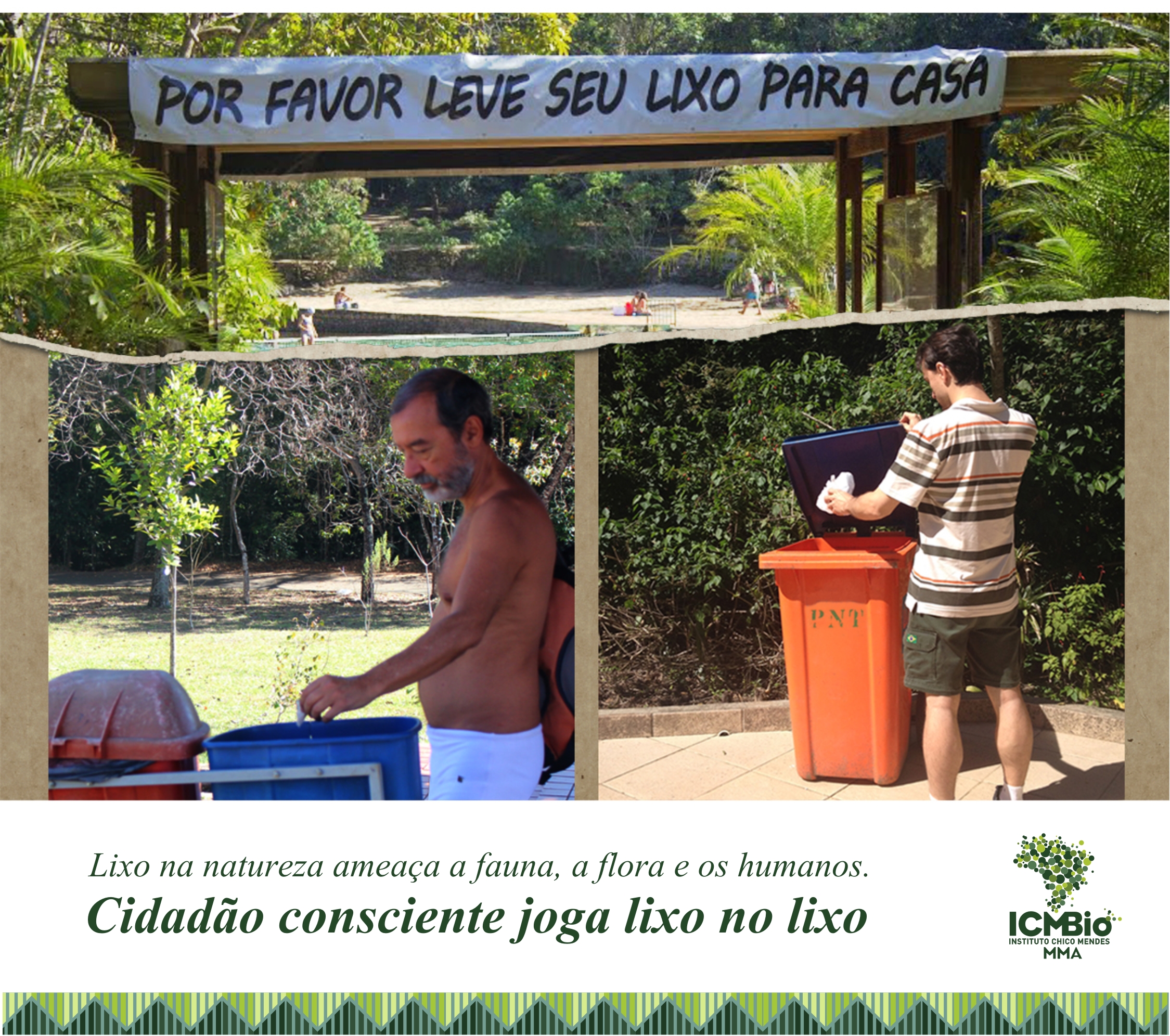 LIXO NA NATUREZA AMEAÇA A FAUNA, A FLORA E OS HUMANOS. FOTO: GUSTAVO FRASÃO E JÚLIA BARROSO. MONTAGEM: DCOM/ICMBio