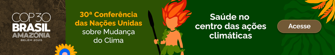 Banner da COP30 com mascote indígena, texto sobre clima e botão "Acesse".