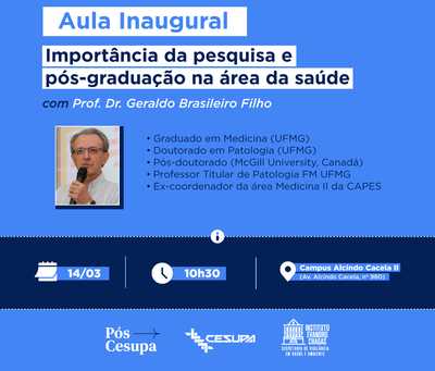 Banner com informações sobre a aula inaugural do curso de mestrado em ciências da saúde, com a participação do pesquisador Geraldo Filho