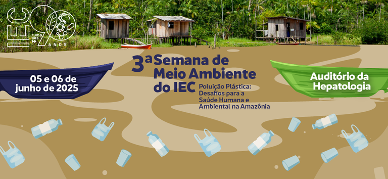 Arte colorida mostra casas ribeirinhas e lixo plástico em rio, com informações da 3ª Semana do Meio Ambiente.