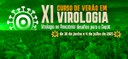 Fundo verde com floresta e texto: XI Curso de Verão em Virologia – 30/06 a 04/07/2025.
