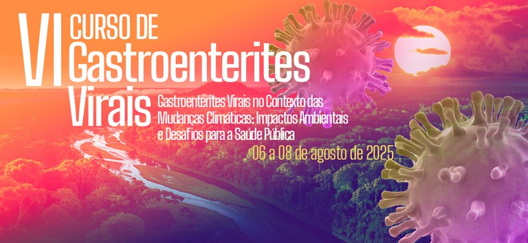 Paisagem amazônica ao pôr do sol com vírus coloridos e texto sobre curso de gastroenterites virais.