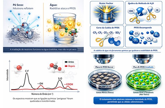 Esquema ilustra o processo de irradiação com nêutrons, realizado no IEN, com o auxílio do reator nuclear.