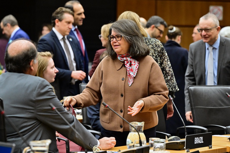 Presidente da CNEN, Francisco Rondinelli interagindo com a embaixadora permanente do Brasil junto à AIEA, Cláudia Vieira Santos