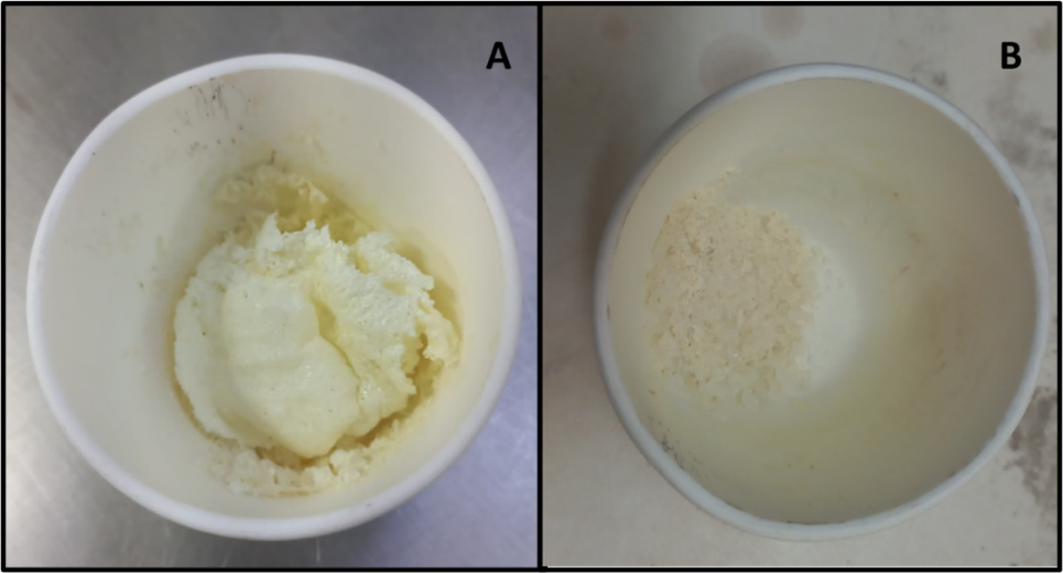 Microesferas de vidro. Em A, logo após o processo de fundição e em B, após o processo de pulverização.