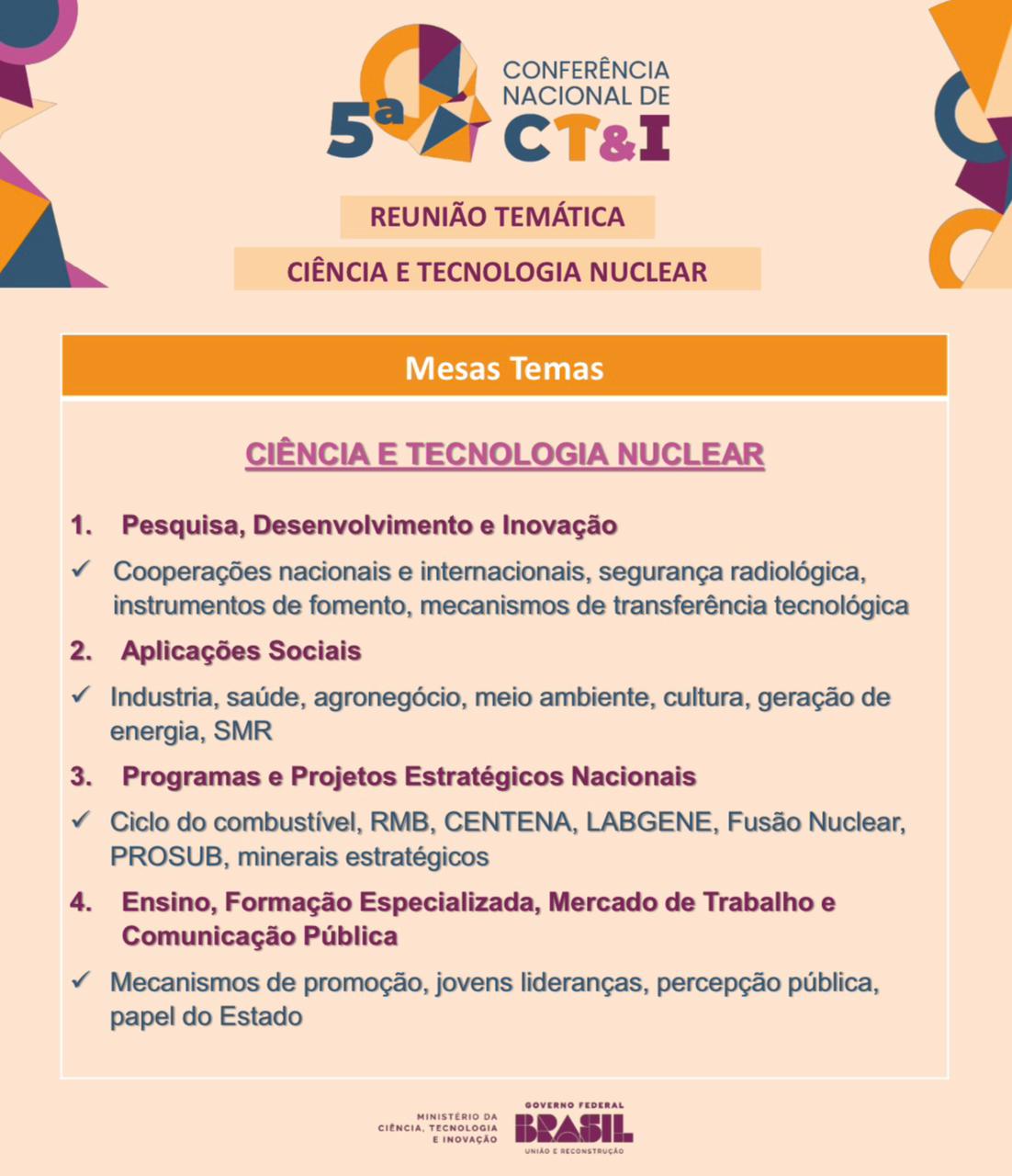 Mesas e temas a serem abordados na reunião