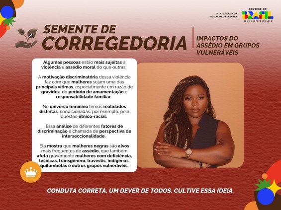 "Semente de Corregedoria – Compreendendo conversas difíceis". À esquerda, texto orientativo sobre como lidar com conversas difíceis no ambiente profissional, destacando empatia, preparo, confiança, comunicação eficaz e crescimento pessoal. À direita, foto de duas mulheres sentadas conversando cordialmente em um ambiente de trabalho. Rodapé: "Conduta correta, um dever de todos. Cultive essa ideia.