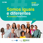 Grupo diverso de pessoas com um balão de diálogo Somos iguais e diferentes #CuidadosParaTodos
