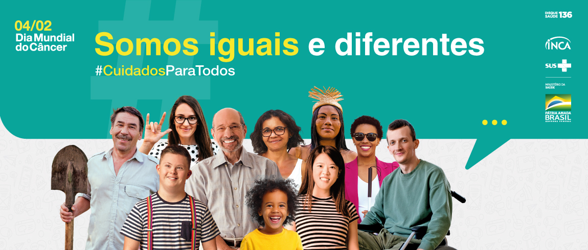 Grupo diverso apresentado na peça da campanha com o título acima "Somos iguais e diferentes".