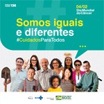 Grupo diverso apresentado na peça da campanha com o título acima "Somos iguais e diferentes".