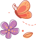 Desenho de uma borboleta laranja voando e uma flor roxa.