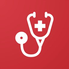 Logo do Meu INCApp, um quadrado vermelho com o desenho de um estetoscópio branco no meio