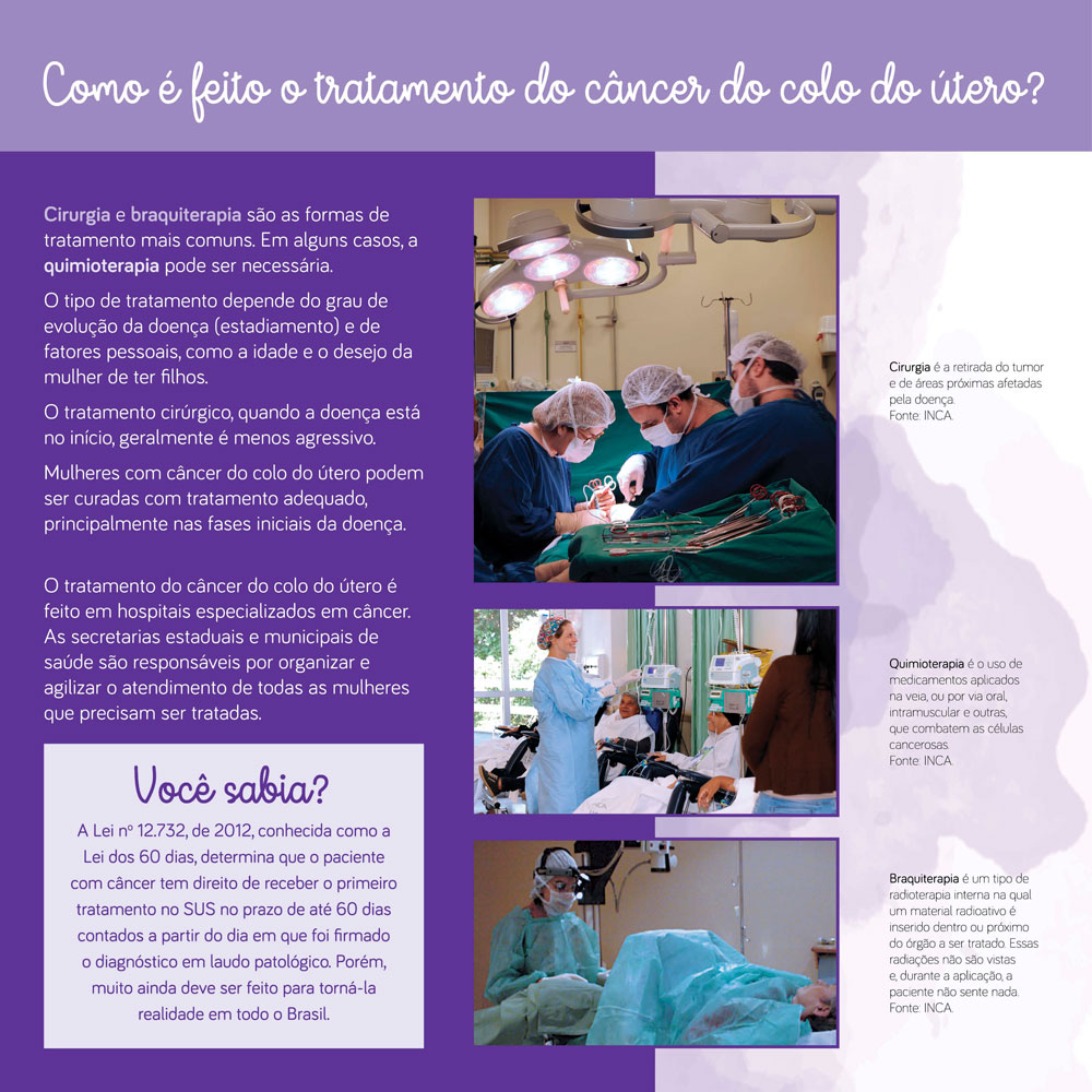Cirurgia, braquiterapia e, em alguns casos, a quimioterapia pode ser necessária para o tratamento do câncer do colo do útero.