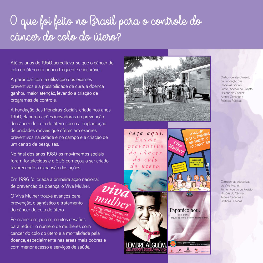 Até os anos de 1950, acreditava-se que o câncer do colo do útero era incurável, muitos avanços se deram, principalmente, com campanhas a partir da criação do SUS no final dos anos 1980.