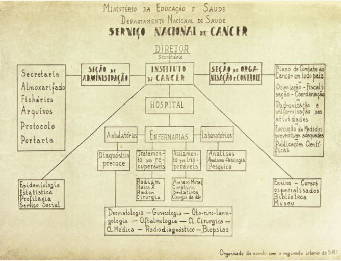 Organograma do Serviço Nacional de Câncer, parte da história dos 80 anos do INCA.