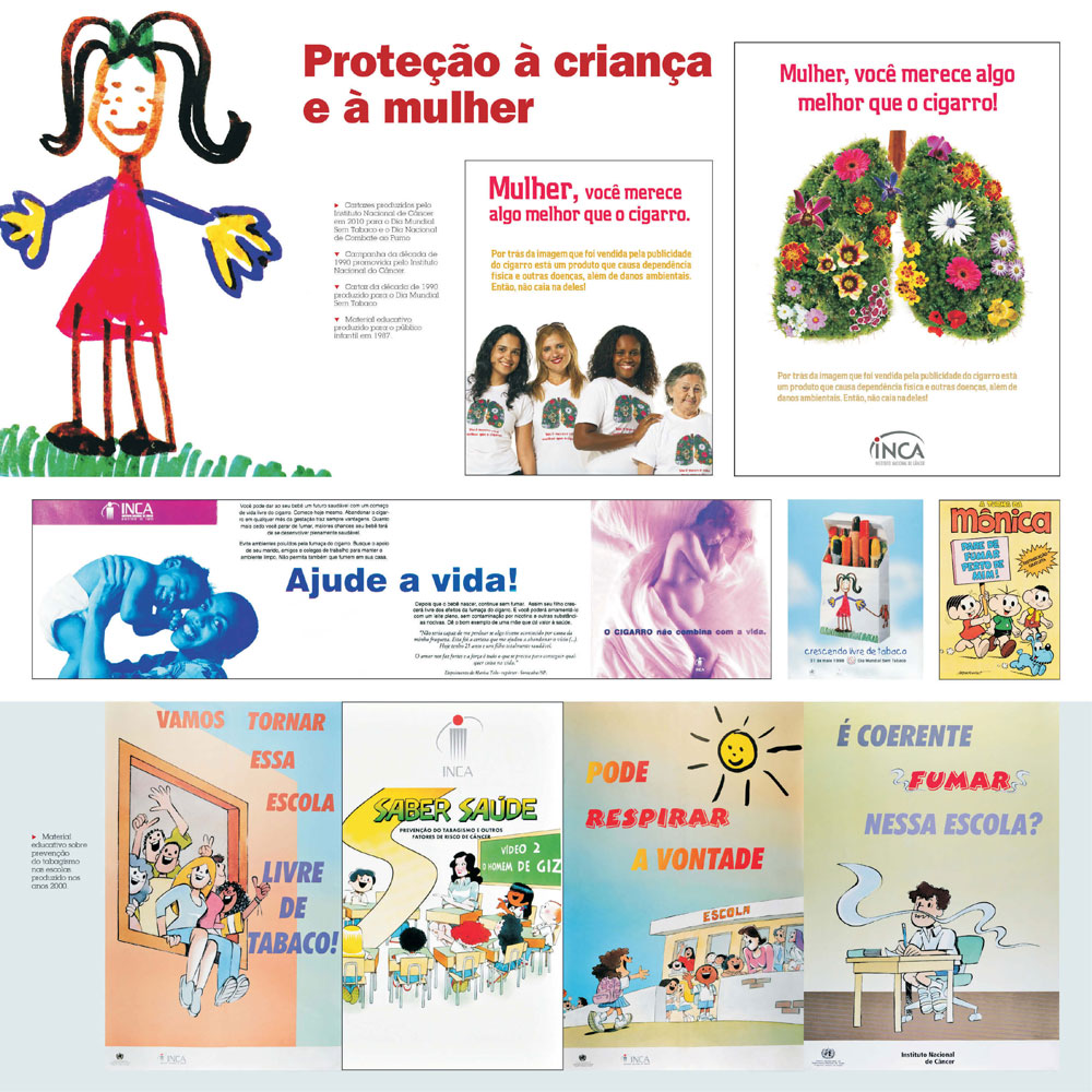 Painel mostra cartazes, campanha e material educativo de diferentes décadas voltado para sensibilização e informação de mulheres e do público infantil .