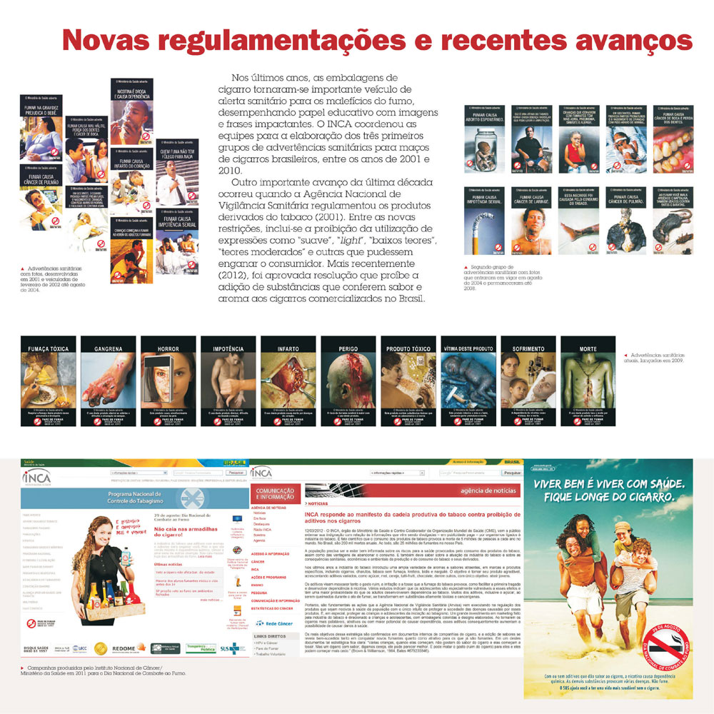 As embalagens de cigarro tornaram-se importante veículo de alerta para os malefícios do fumo. Outro avanços aconteceram quando a Anvisa proibiu o uso de termos como "light", "suave", "baixo teores" e outras. Além de vetar adição de sabor e aromas aos cigarros no Brasil.
