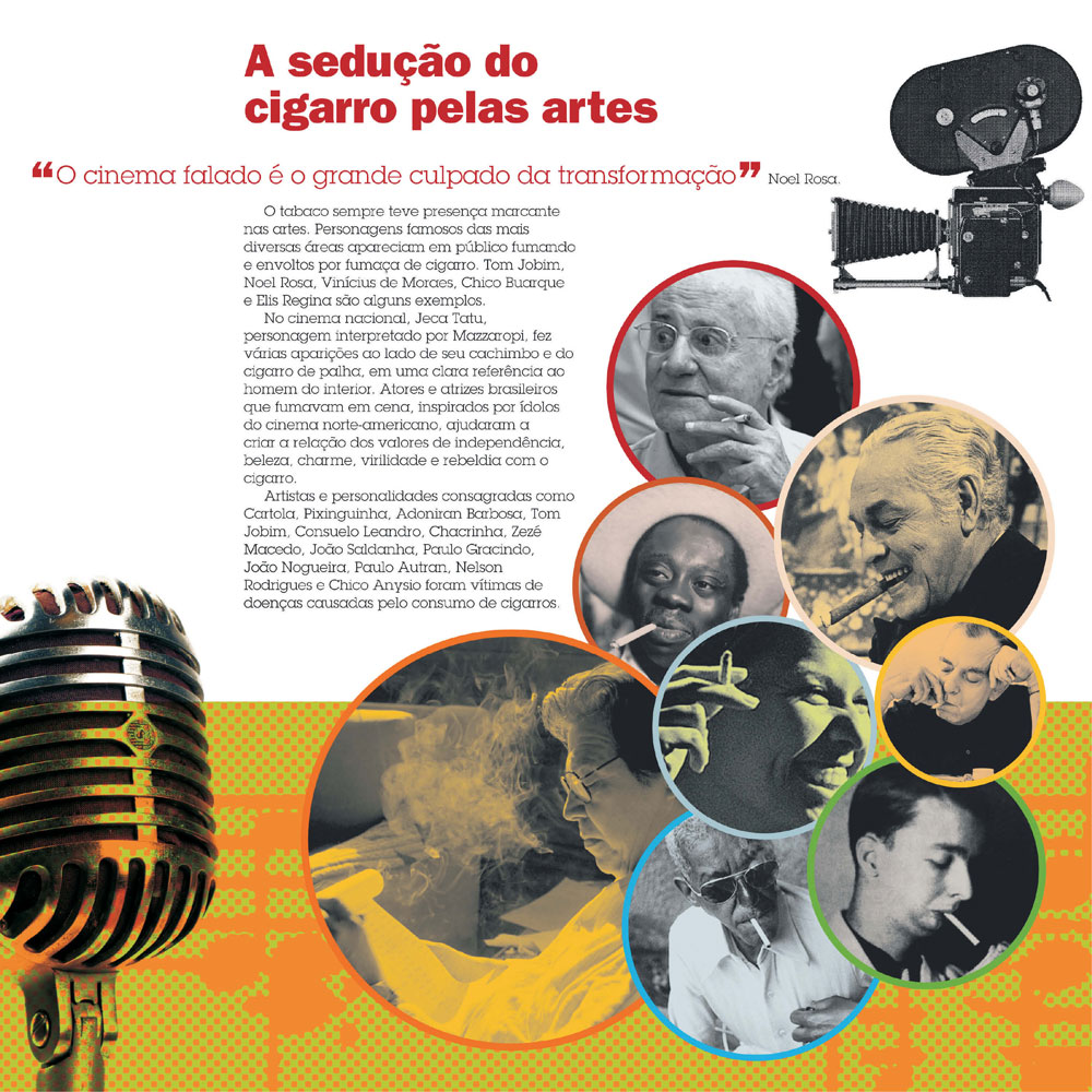 O tabaco sempre foi presença marcante nas artes. Artistas consagrados, cantores cantoras, atores e atrizes fumavam em cena e palcos inspirados em seus ídolos, o que ajudava a criar a falsa impressão de beleza, charme, virilidade e rebeldia com o cigarro.