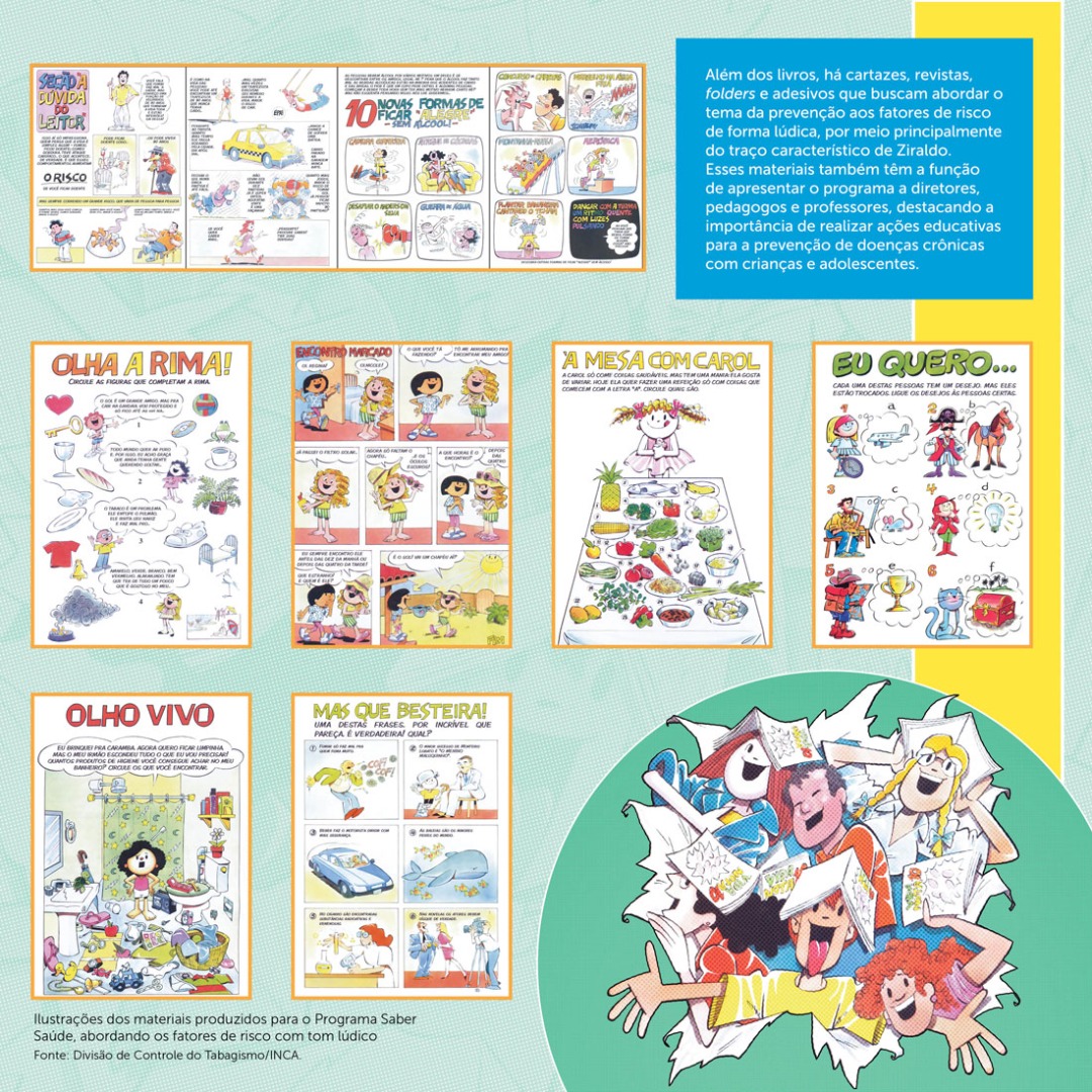 Livros, cartazes, revistas, folders e adesivos foram desenvolvidos de forma lúdica com o traço característico do Ziraldo para abordar o tema da prevenção aos fatores de risco.
