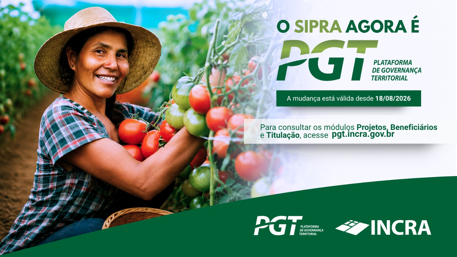 mulher colhe tomate e letras anunciam migração do Siprapara a PGT