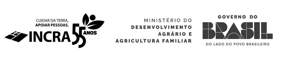 Marcas do Incra 55 Anos, Ministério do Desenvolvimento Agrário e Governo Federal em versão horizontal - fonte preta fundo branco