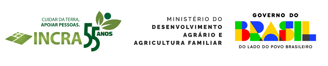 Marcas do Incra 55 Anos, Ministério do Desenvolvimento Agrário e Governo Federal em versão horizontal - fonte verde fundo transparente