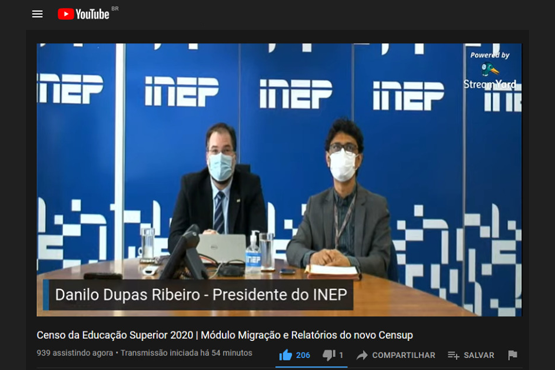 A 5ª live do Censo da Educação Superior teve participação do presidente do Inep, Danilo Dupas, e do diretor de Estatísticas Educacionais, Carlos Eduardo Moreno