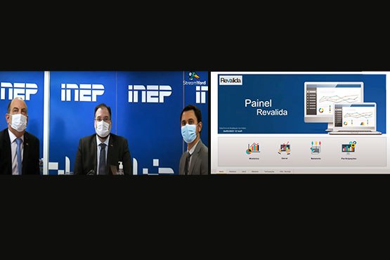 Presidente do Inep, Danilo Dupas (ao centro); diretor de Avaliação da Educação Superior (Daes), Álvaro Parisi (à esq.), e o coordenador-geral de Controle de Qualidade da Educação Superior da Daes, Ulysses Tavares Teixeira (à dir.), durante o lançamento da plataforma. Crédito: Reprodução