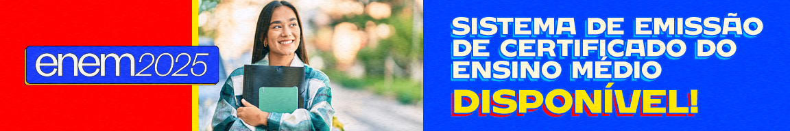 Banner Enem 2025: Sistema de emissão de certificado do ensino médio disponível. Jovem sorrindo.