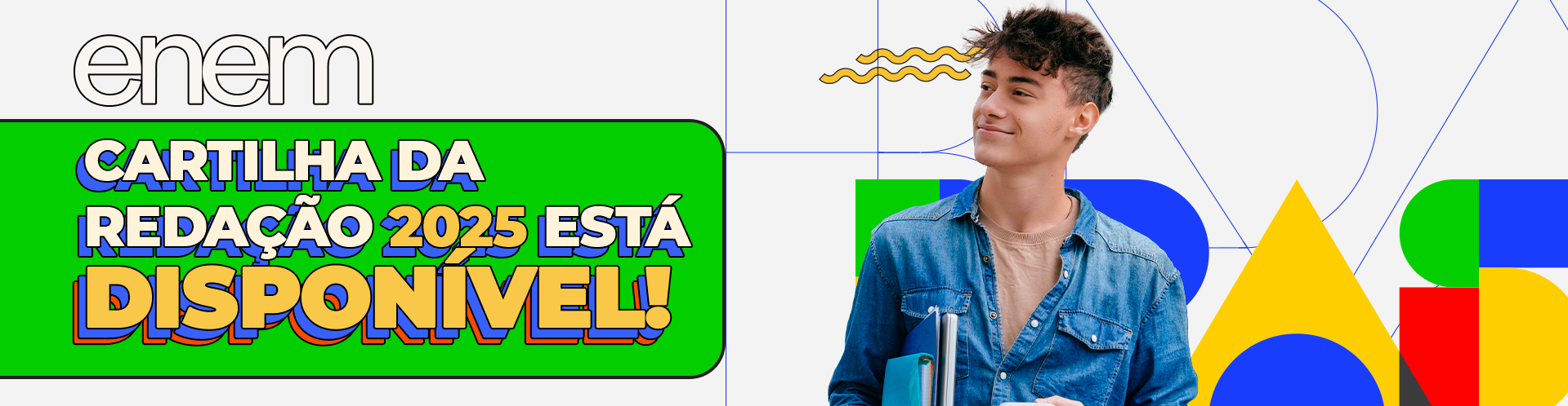 Jovem sorrindo com livros e o texto Cartilha da Redação 2025 está DISPONÍVEL