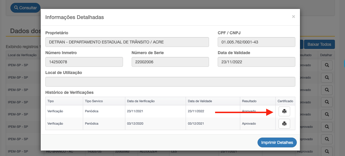Como consultar os certificados de verificação de etilômetros no PSIE 05