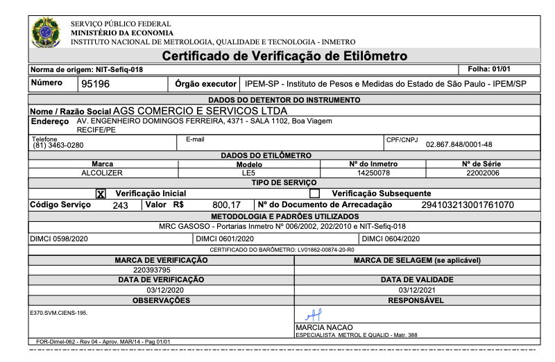 Como consultar os certificados de verificação de etilômetros no PSIE 06