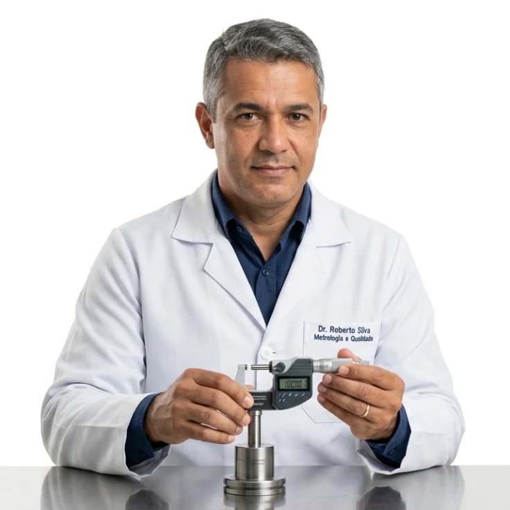 Homem de meia-idade, com cabelos grisalhos, vestindo jaleco branco e camisa social azul marinho, olhando diretamente para a câmera com uma expressão séria e confiante. Ele está sentado atrás de uma mesa de metal escovado sobre fundo branco, segurando um micrômetro digital preto para medir uma pequena peça metálica circular.